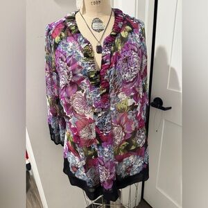 Floral Sheer Blouse with Ruffle Trim